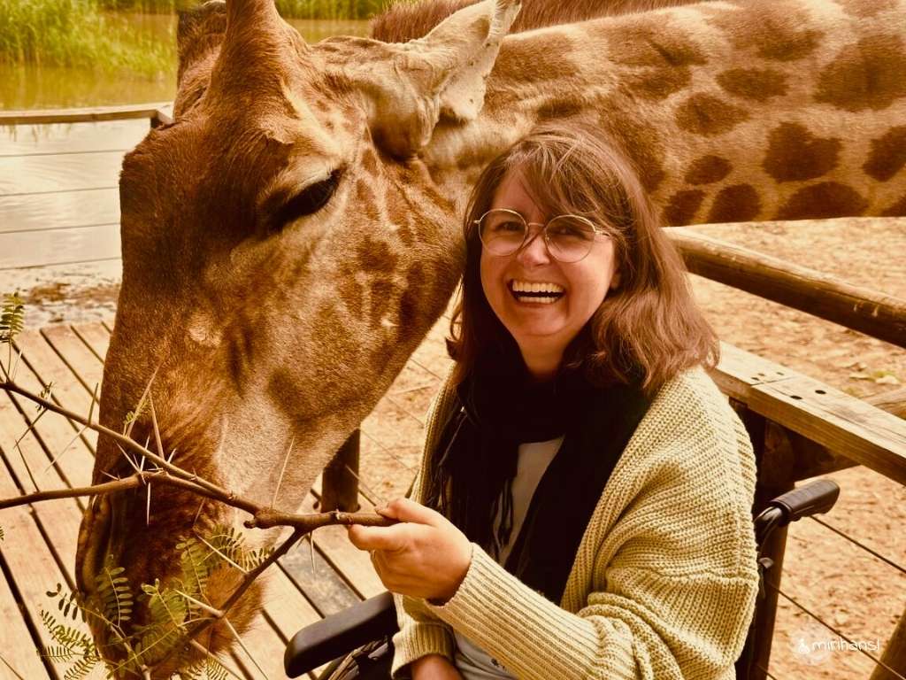 Südafrika - in Oudtshoorn - Miri füttert aus dem Rollstuhl eine Giraffen und hat sehr viel Spaß dabei Südafrika - in Oudtshoorn - Miri füttert aus dem Rollstuhl eine Giraffen und hat sehr viel Spaß dabei